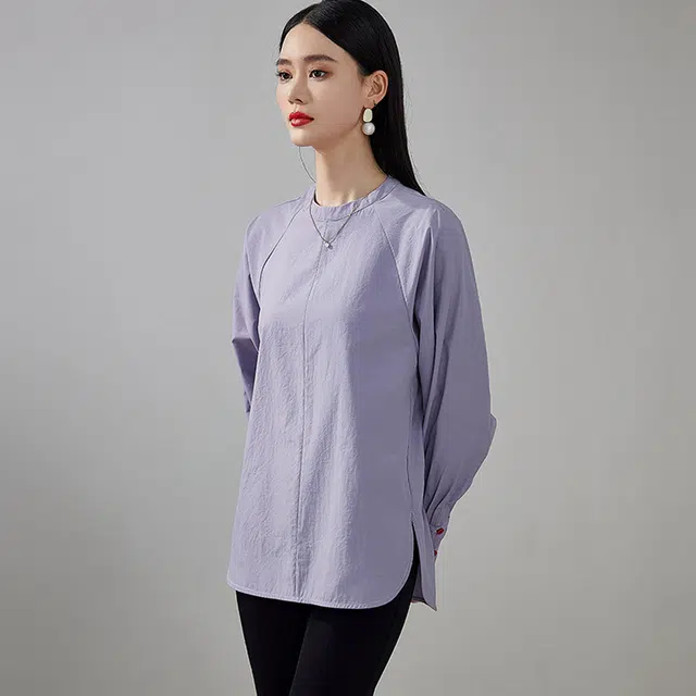 杭依阁 拼接宽松时尚纯色灯笼袖长袖圆领衬衫 女款