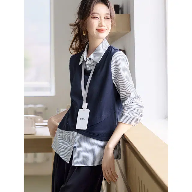 沫晗依美 保暖针织百搭条纹常规长袖翻领休闲中腰衬衫 女款