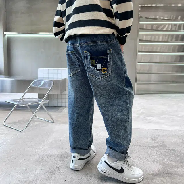 唐狮童装 复古水洗松紧腰宽松直筒休闲牛仔裤 儿童款 藏青色
