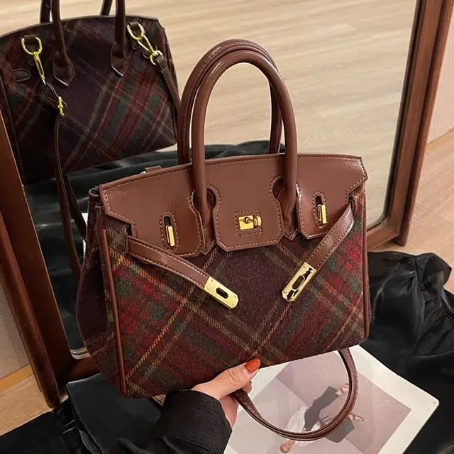 凡思曼 复古大容量通勤 毛呢 凯莉包斜挎包 中号 女款 红格 绿格