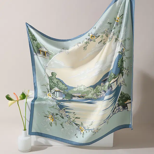 杭丝路 方巾手工卷边 湖光山色 丝巾 男女同款情侣款