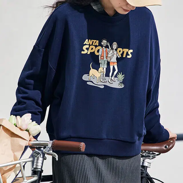 安踏 印花字母圆领套头卫衣 女款 深藏蓝