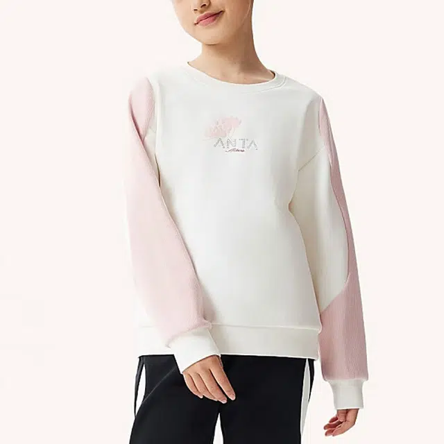 安踏儿童 童装 拼色字母圆领套头卫衣 女童 象牙白