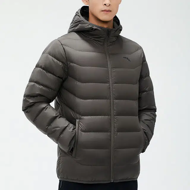 安踏 综训系列 纯色拉链连帽保暖羽绒服 男款 烟青灰