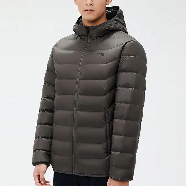 安踏 综训系列 纯色拉链连帽保暖羽绒服 男款 烟青灰