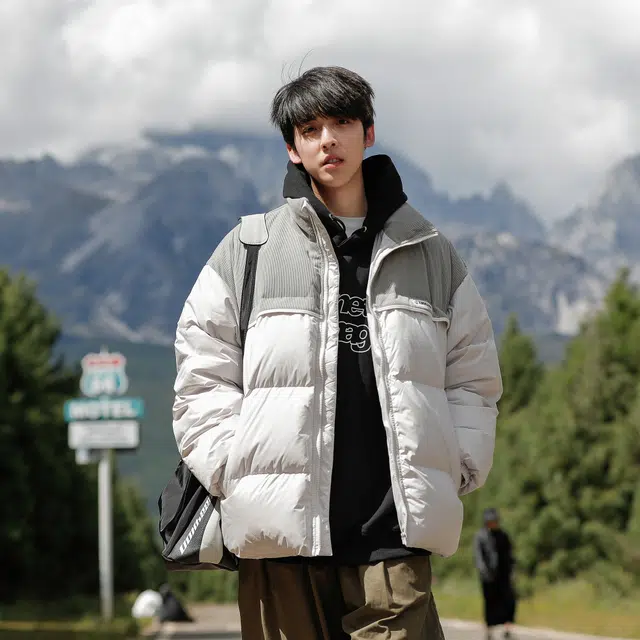 港仔文艺男 灯芯绒拼接立领羽绒服 男款