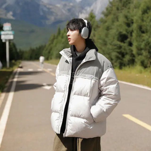 港仔文艺男 灯芯绒拼接立领羽绒服 男款