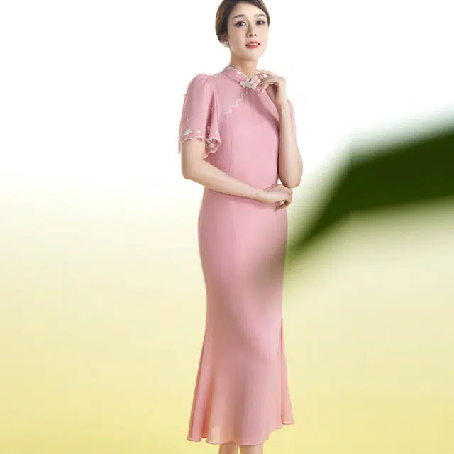 四美子 改良纯色短袖连衣裙 胭脂柔