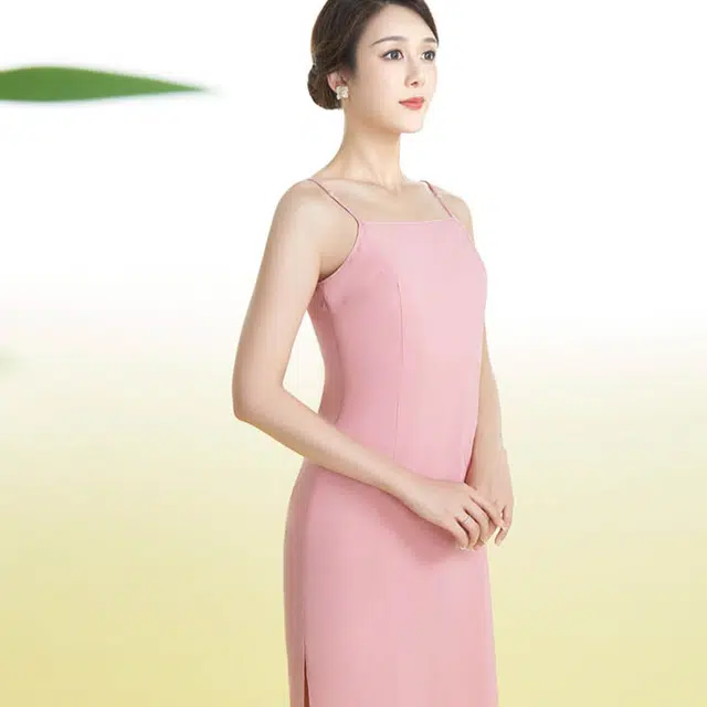 四美子 改良纯色短袖连衣裙 胭脂柔