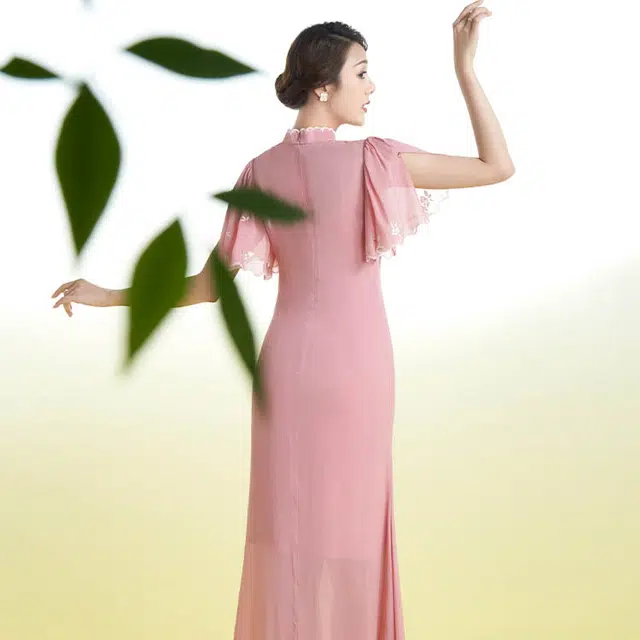 四美子 改良纯色短袖连衣裙 胭脂柔