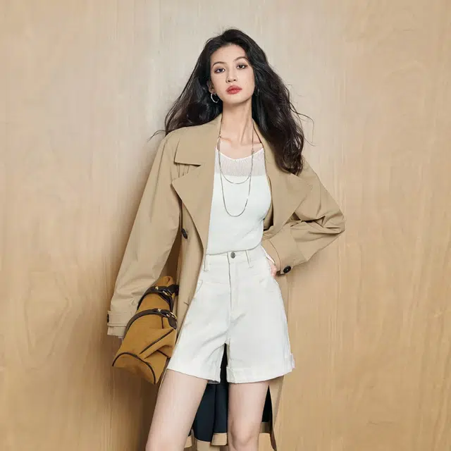 美洋 纯色双排扣中长款两面穿风衣 女款 浅卡其