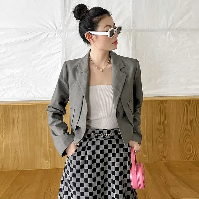 美洋 纯色西装领一粒扣超短款西装 女款 灰色