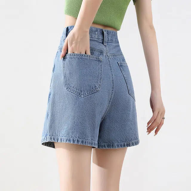 沫晗依美 直筒中腰单排扣牛仔短裤 女款 蓝色