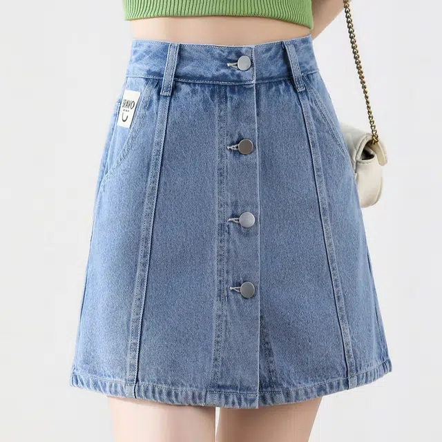 沫晗依美 直筒中腰单排扣牛仔短裤 女款 蓝色