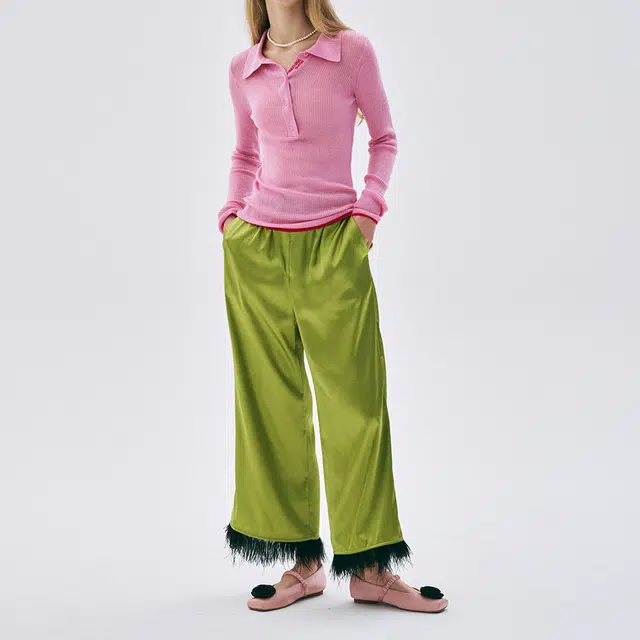 MARDI MERCREDI SS25 SATIN OSTRICH PANTS_APPLEGREEN