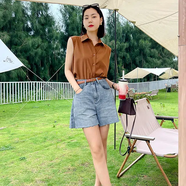 美洋 渐变水洗高腰毛边阔腿牛仔短裤 女款 牛仔蓝