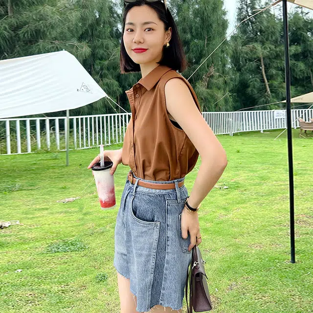 美洋 渐变水洗高腰毛边阔腿牛仔短裤 女款 牛仔蓝