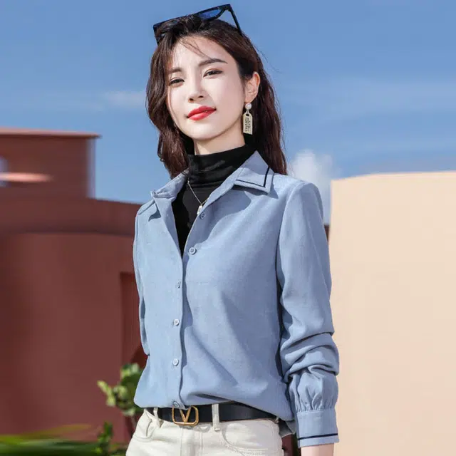 唐娜姿兰 纯色尖领纽扣时尚职业长袖衬衫 女款