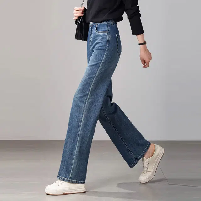 娅丽达 水洗高腰拉链宽松阔腿直筒牛仔裤 女款