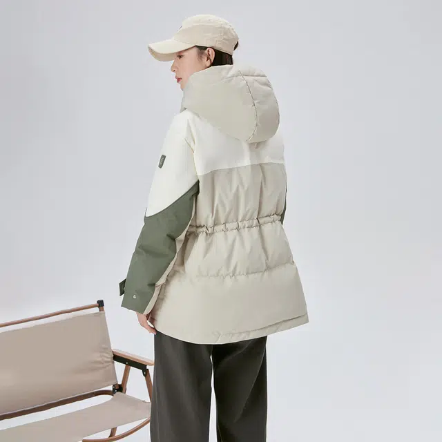 艾莱依 撞色连帽拉链宽松中长款长袖羽绒服 女款