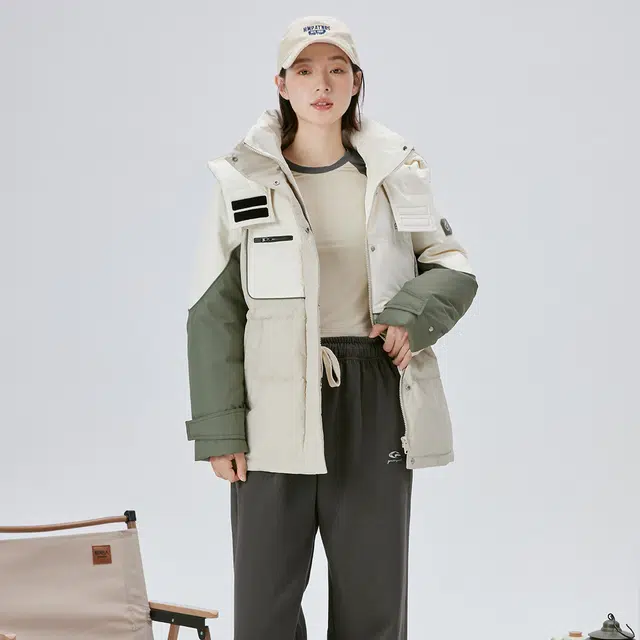 艾莱依 撞色连帽拉链宽松中长款长袖羽绒服 女款