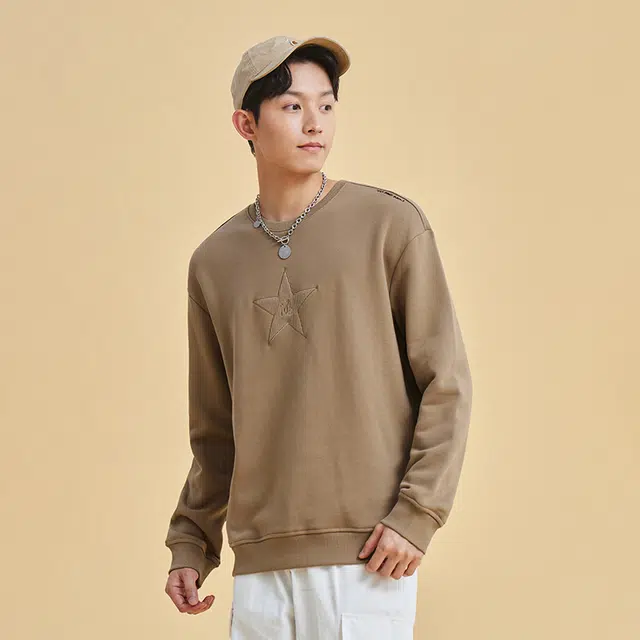 鸿星尔克 暖意绒绒 纯色休闲加厚加绒圆领套头卫衣 冬季 男款 奶咖棕