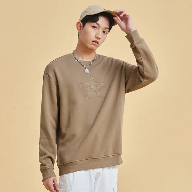 鸿星尔克 暖意绒绒 纯色休闲加厚加绒圆领套头卫衣 冬季 男款 奶咖棕