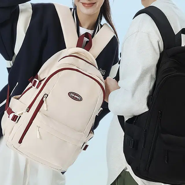 特步 简约休闲通勤大容量初高中大学生书包早八学院风旅行包轻便电脑包 涤纶 双肩包 大号 男女同款情侣款 卡其色/黑色