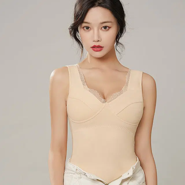 浪莎 纯色蕾丝加绒加厚保暖背心式文胸 雅肤色