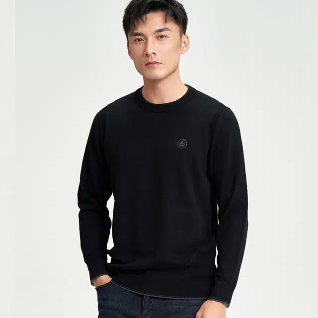 才子 圆领拼接套头修身毛衣 男款