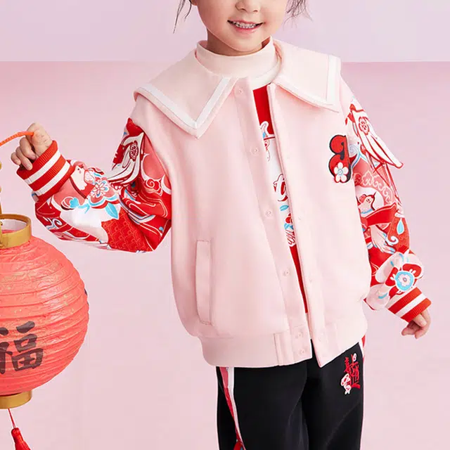 安踏儿童 撞色翻领字母刺绣长袖休闲防风保暖夹克外套 儿童款 气泡粉