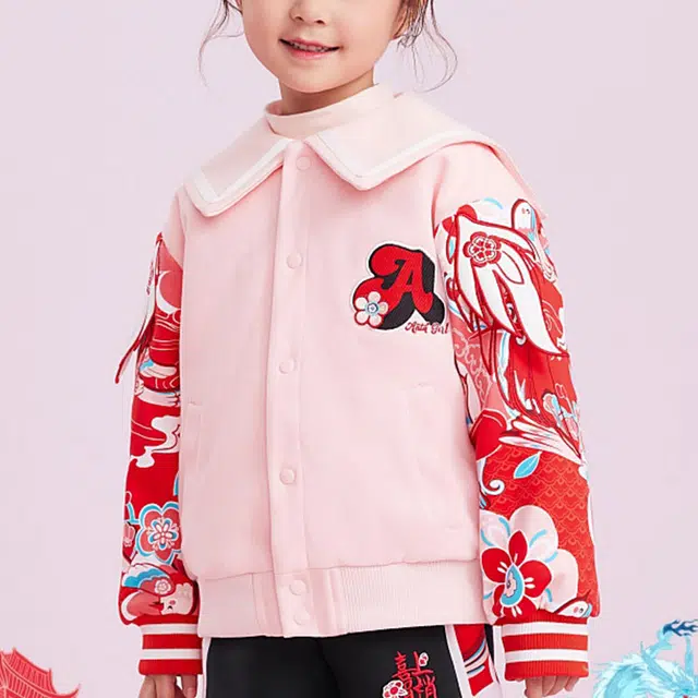 安踏儿童 撞色翻领字母刺绣长袖休闲防风保暖夹克外套 儿童款 气泡粉