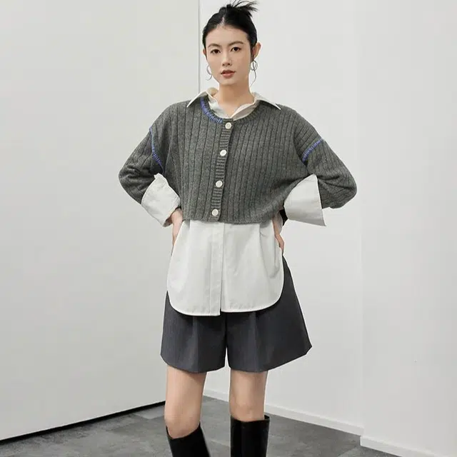 美洋 纯色简约圆领开衫毛衣 女款 灰色