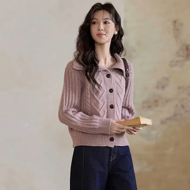 谜秀 纯色翻领开衫长袖针织衫 女款 粉紫色