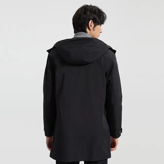 才子 连帽简约休闲纯色中长款加厚羽绒服 男款 黑色