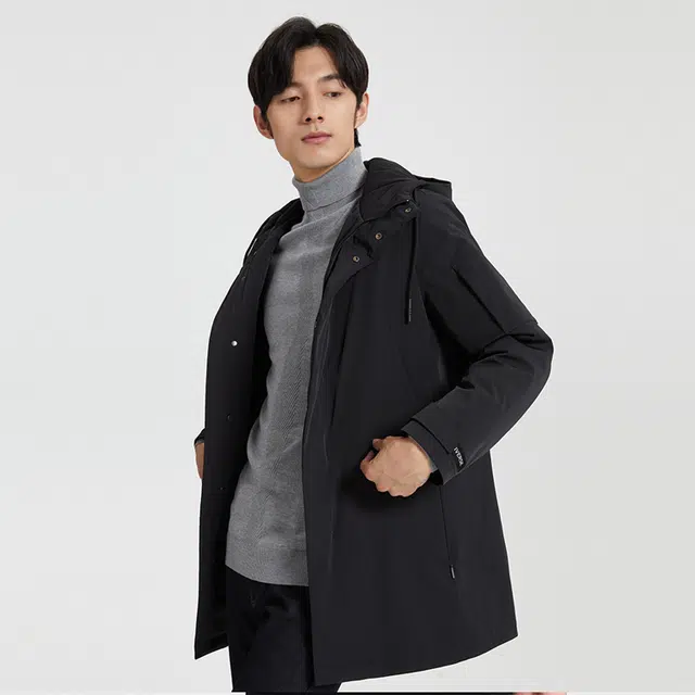 才子 连帽简约休闲纯色中长款加厚羽绒服 男款 黑色