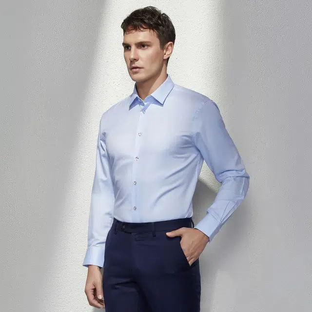 依文 商务绅士纯色休闲长袖衬衫 男款 浅蓝