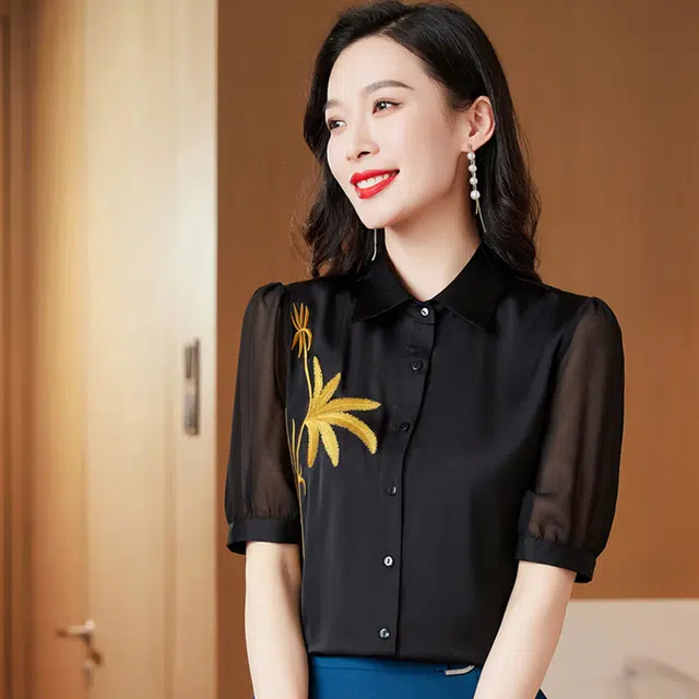 唐娜姿兰 雪纺刺绣尖领带纽扣休闲短袖衬衫 女款