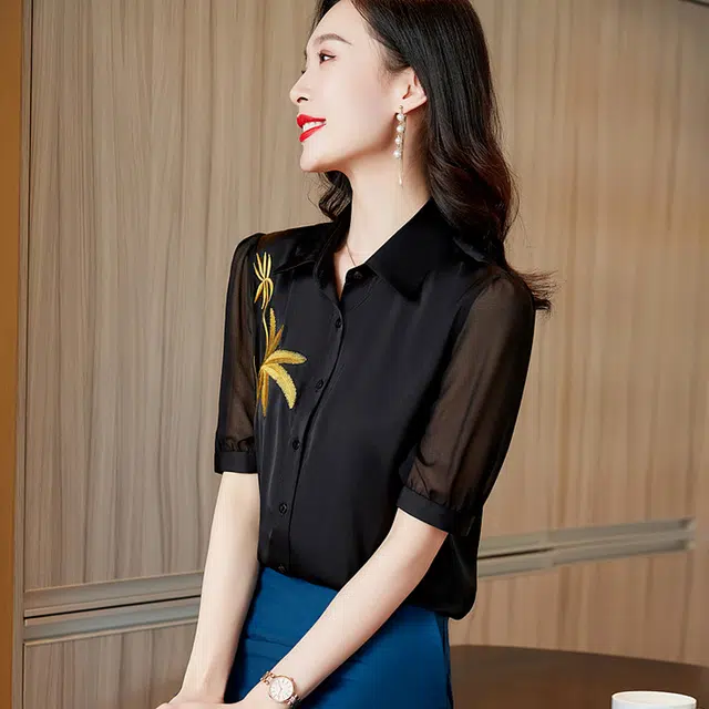 唐娜姿兰 雪纺刺绣尖领带纽扣休闲短袖衬衫 女款