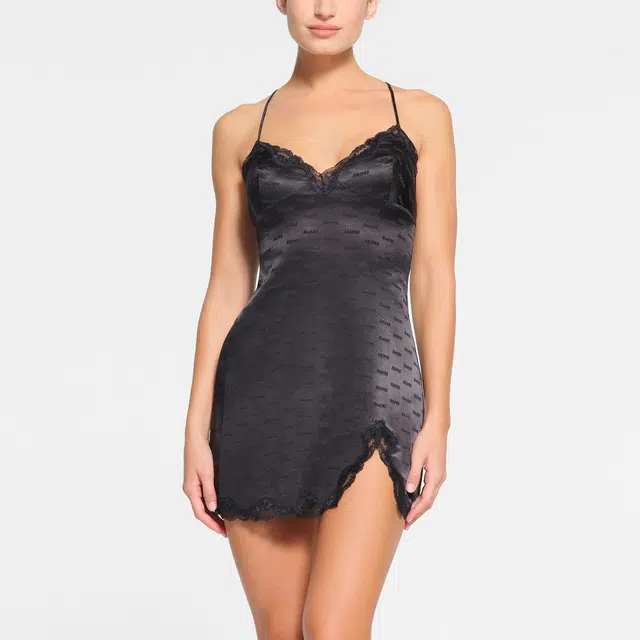 SKIMS JACQUARD LACE SLIP DRESS ONYX