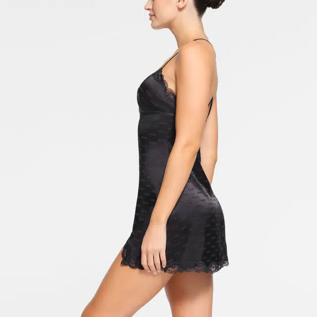 SKIMS JACQUARD LACE SLIP DRESS ONYX