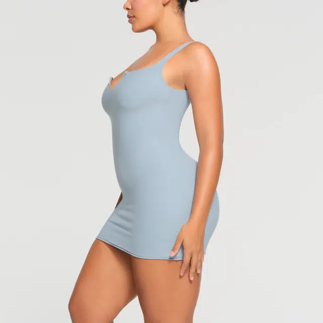 SKIMS SS24 RAW EDGE SLIT FRONT MINI DRESS DENIM