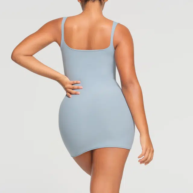 SKIMS SS24 RAW EDGE SLIT FRONT MINI DRESS DENIM