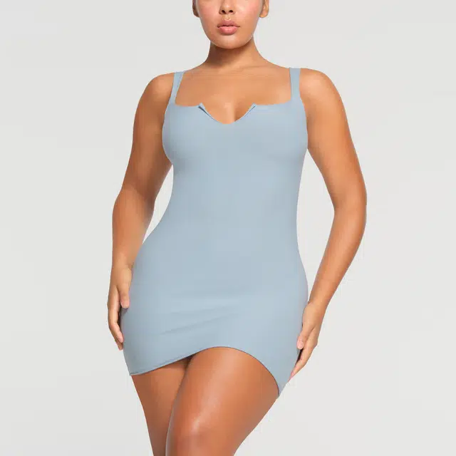 SKIMS SS24 RAW EDGE SLIT FRONT MINI DRESS DENIM