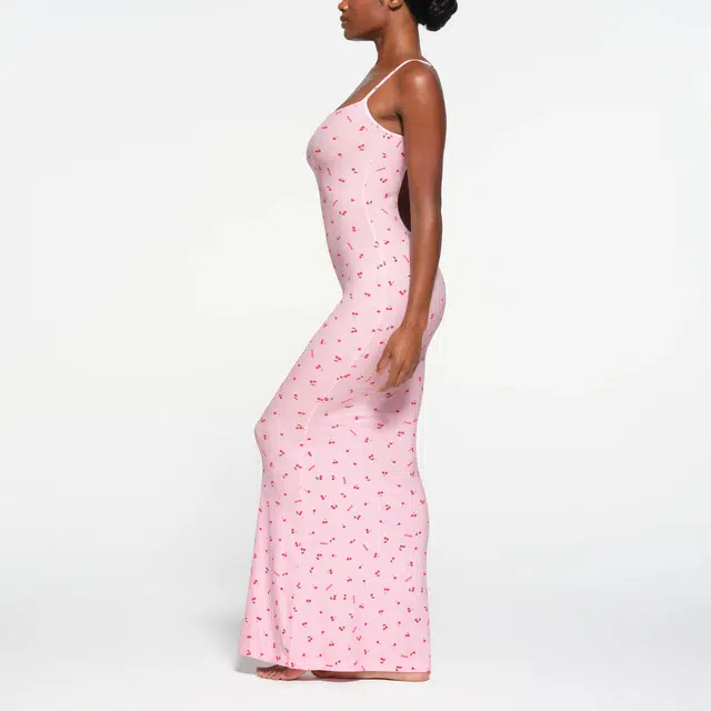 SKIMS SOFT LOUNGE LONG SLIP DRESS CHERRY BLOSSOM PRINT