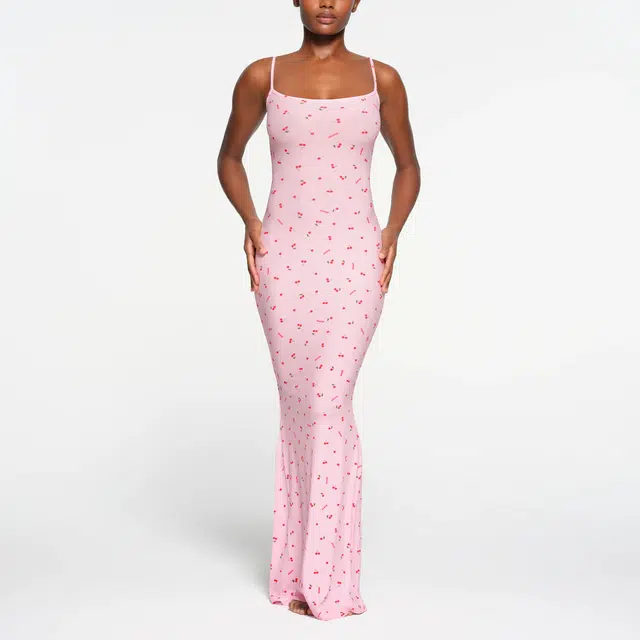 SKIMS SOFT LOUNGE LONG SLIP DRESS CHERRY BLOSSOM PRINT