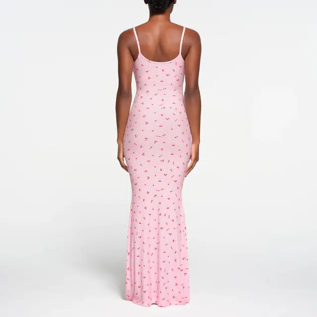 SKIMS SOFT LOUNGE LONG SLIP DRESS CHERRY BLOSSOM PRINT