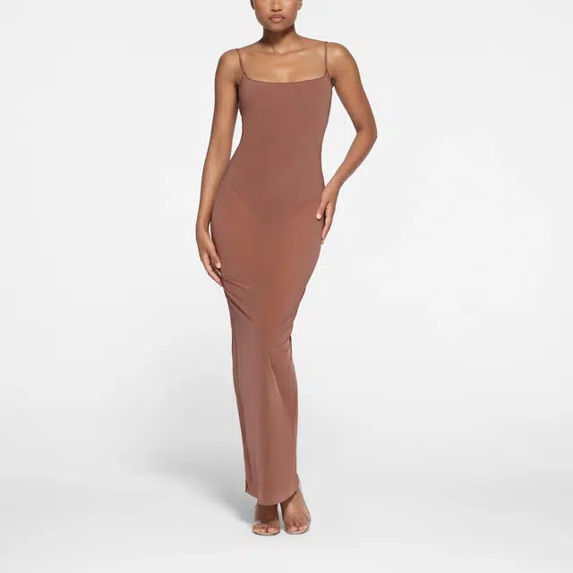 SKIMS MILKY SHEER LOW BACK LONG DRESS BRANDY