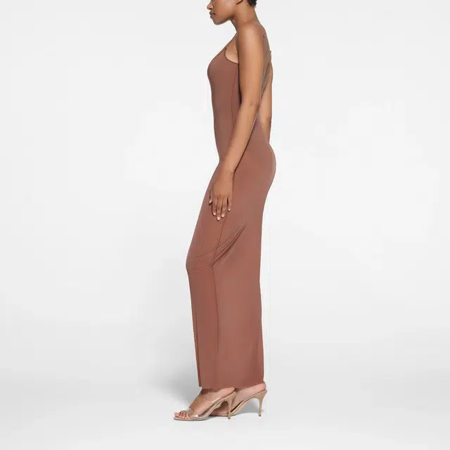 SKIMS MILKY SHEER LOW BACK LONG DRESS BRANDY