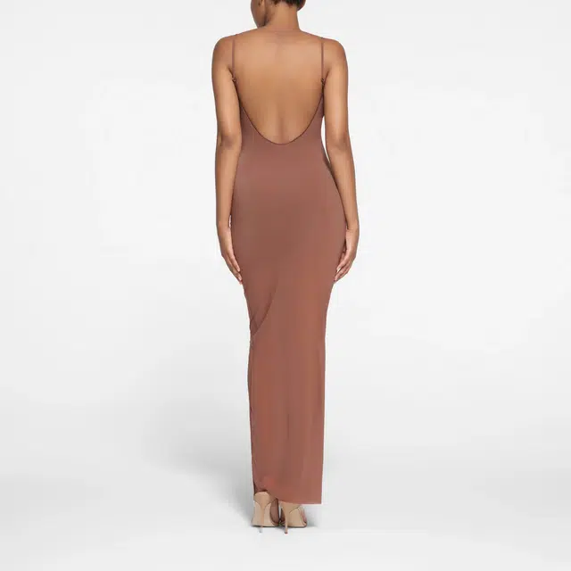 SKIMS MILKY SHEER LOW BACK LONG DRESS BRANDY